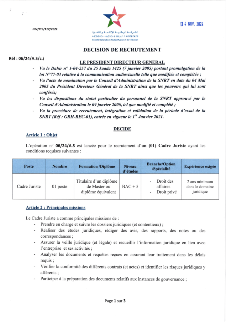 Concours de Recrutement pour un Cadre Juriste à la SNRT

